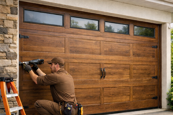 New custom garage door installed on modern coastal home